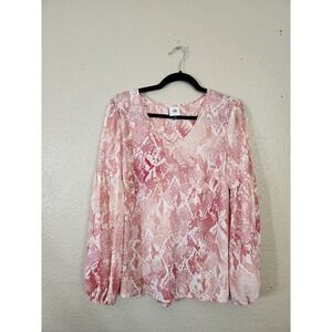 Cabi Blouse Pink White Snake Print V Neck Long Sleeve Lightweight Top‎ Size S